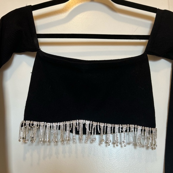 ZARA Off The Shoulder Black Rhinestone Seamless Crop Top Long Sleeve Size S!! - Picture 14 of 16